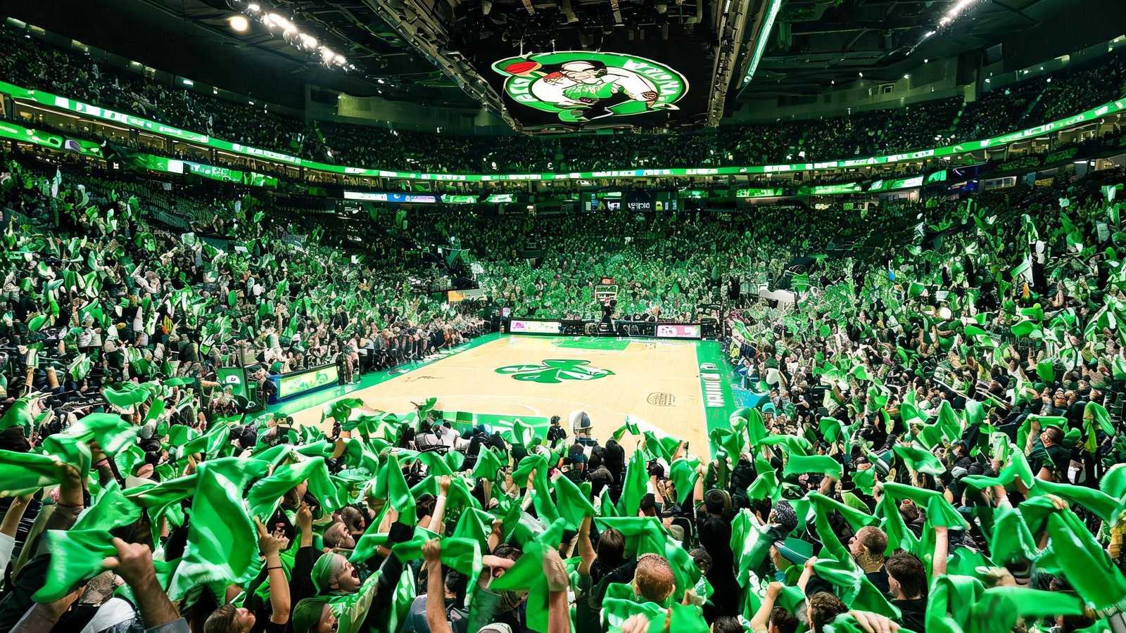 NBA季后赛凯尔特人队主场球馆内，全场球迷挥舞着绿色毛巾欢呼的场景