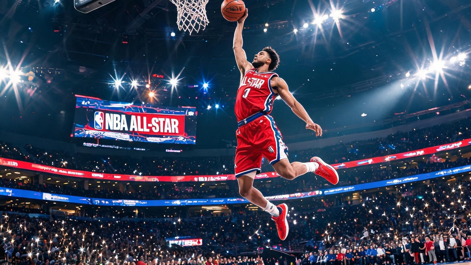 NBA全明星赛上，一名球星完成空中接力扣篮，现场灯光璀璨